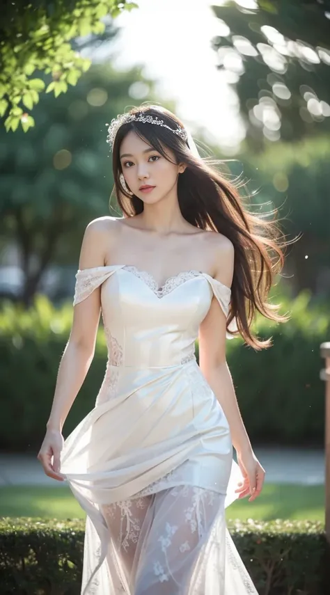 1 girl, Fair-skinned, Suess, Glare from the sun, Wedding Dresses, thin,  Lace pattern, bridal veil, bokeh, deep depth of field, blurred background, light particle, high wind, Head tilt, long-haired, enormous breasts, big name, Open shoulders, See all over,...