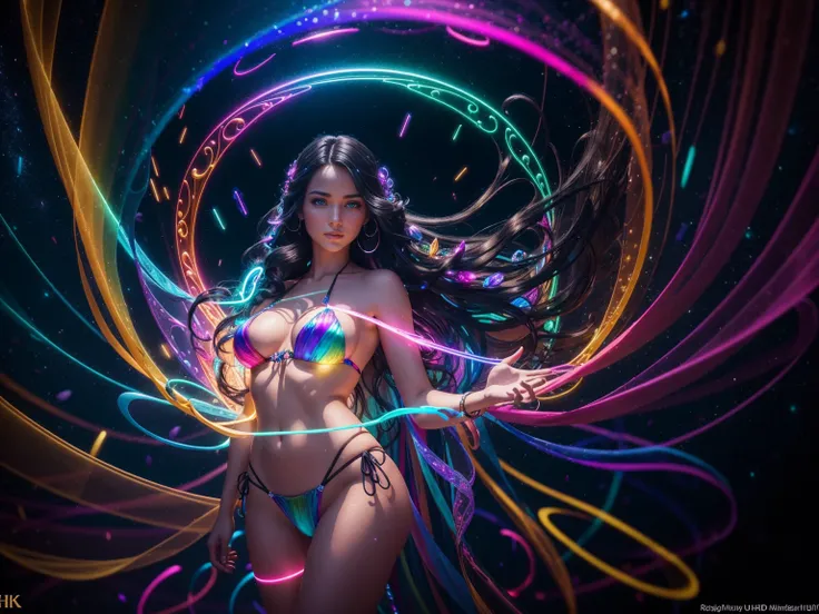 (Full body shot), an extremely detailed photorealistic photograph of a very beautiful Caucasian Woman With Dark Hair A String Bikini 👙 And Rainbow Glass Wings, Gorgeous Ethereal Rainbow Glowing Energy Of Absolution And Fantastical Force Floating In Her Han...