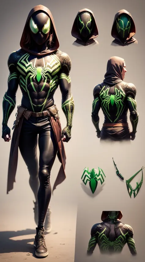 man, adult, full body, slim body, with spider style, with spider style armor, the armor is white, the armor has green details, t...