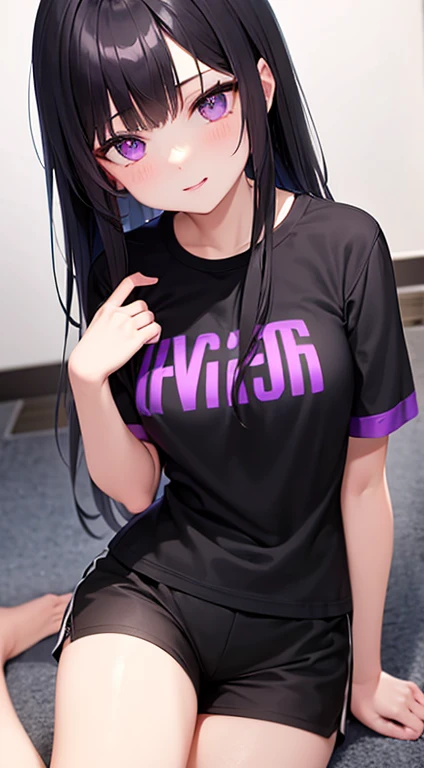 Black shirt, purple shorts, purple eyes, young girl, long black hair