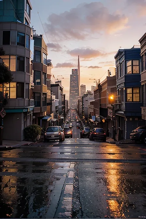 San francisco downtown, sunset, Painted By Andreas Rochaacid rain cityscape at dusk in the style of Ernst Haas