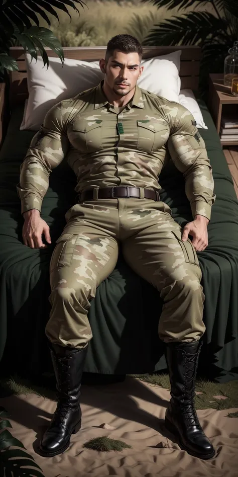 tall giant muscular man sleeping and lying down in the forest，khaki camouflage military uniform，character  design（resident evil ...