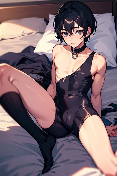 1boys, Man,Male pervert, Short hair, Black hair,Collar,Facial, leg loops,Soft bed,Bedroom,