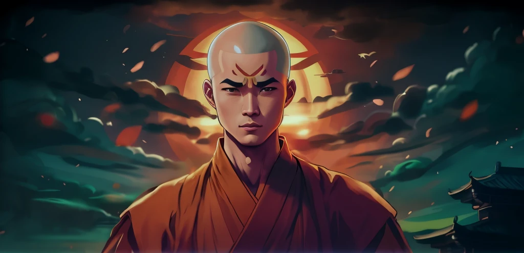 A man dressed as a monk&#39;s clothing standing in front of the sunset, avatar Aang, Aang, Inspired by Zhao Mengfu, Inspired by Luo Mu, The last airbender avatar, Monk concept art, Cyberpunk Zen Meditation, , Atla, monk meditates, samsara, inspired by Lü J...