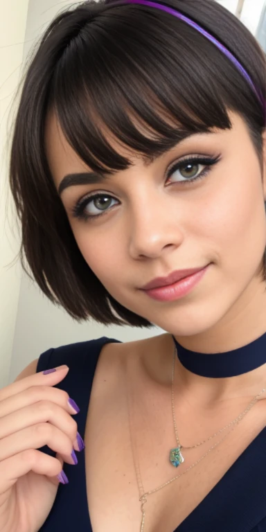 Photo of a 15-year-old European girl, .RAW, beautiful woman,pecas en mejillas ,hermosos  ojos azules(Light brown hair pixie haircut),corte de cabello pixie ((retrato)), ((Cara detallada:1.2)), ((Detailed facial features)), (Piel finamente detallada),purple...