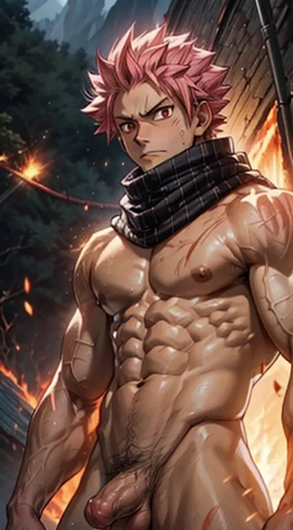 ((upper body)) masterpiece, best quality red eyes, game cg, 2boys adult men, (naked:1.2) rugged adult face, duo, male focus, looking at viewer, upper body, Natsu Dragneel natsu_dragneel, pink hair, red eyes, (shirtless naked), toned muscle, pectorals, 8 ab...