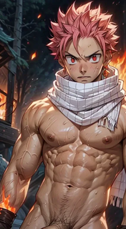 ((upper body)) masterpiece, best quality red eyes, game cg, 2boys adult men, (naked:1.2) rugged adult face, duo, male focus, looking at viewer, upper body, Natsu Dragneel natsu_dragneel, pink hair, red eyes, (shirtless naked), toned muscle, pectorals, 8 ab...