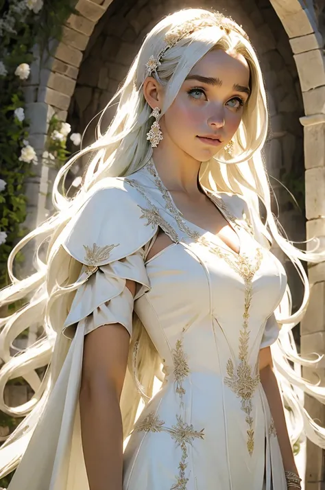 Emilia Clarke, pelo blanco, cabello largo y rizado. gargantilla. grandes senos. caderas gigantescas. arco. vestido de novia de flores. Botas hasta el muslo, pechos enormes, flecha verde serie tv