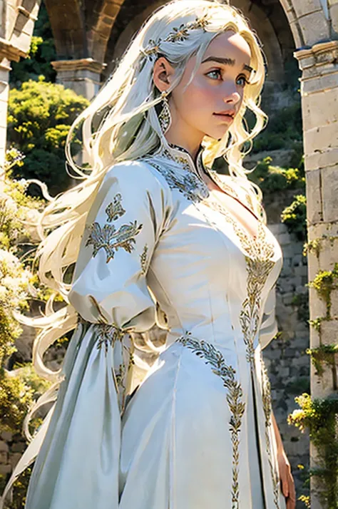 Emilia Clarke, pelo blanco, cabello largo y rizado. gargantilla. grandes senos. caderas gigantescas. arco. vestido de novia de flores. Botas hasta el muslo, pechos enormes, flecha verde serie tv