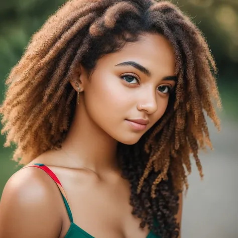 Masterpiece. Best quality, brown-skinned young woman with green eyes and curly hair posing for a picture, soft portrait shot 8 k, beautiful young girl, beautiful portrait image, photo of a beautiful woman, perfect face and eyes, gorgeous face portrait, bea...