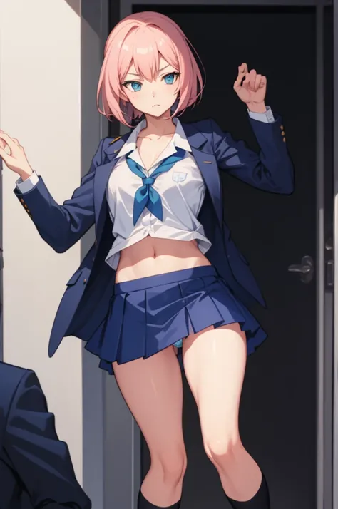 A 14 school girl, Fit short skirt, with school uniform, small top showing her stomach, fit short skirt, fit top, showing her stomach, blashing face one blue