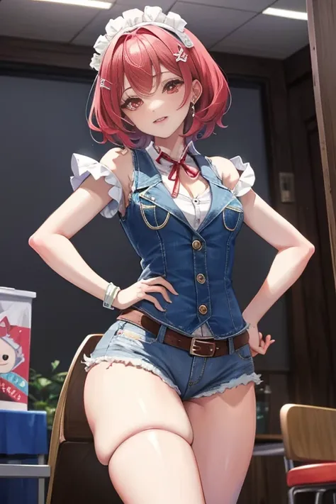 tmasterpiece、Need、1 female student、short detailed hair、Shoulder leakage、The chest is large、chubbiness、ssmile、pale pink lip、posing on a，legs are open， 独奏,denim short， denim vest，looking at viewert,  (Thigh thick:1.0),Yazawa Nico,red eyes, face flushed,Blunt...