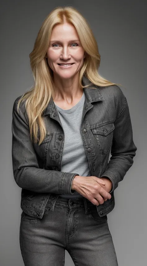 blond woman with a gray shirt and a black jacket smiling, wearing jeans and boots, butch lesbian, rough features, this person does not exist, rugged features, 40 years old, elizabeth erickson-johannen voss-celine dion-joely richardson-laura dern-annette ot...