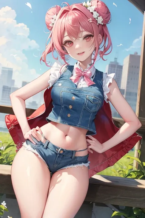 tmasterpiece、Need、1 female student、White cloth bun bun bun、Shoulder leakage、The chest is large、chubbiness、Smile、pale pink lip、posing on a，legs are open， 独奏,denim short， denim vest，looking at viewert,  (Thigh thick:1.0),Yazawa Nico,red eyes, face flushed,Bl...