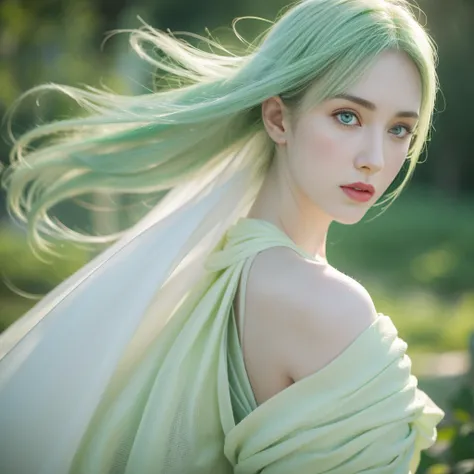 A portrait of a beautiful woman standing, green eyes, wearing white light green ethereal dress, pale skin, smooth pale skin, nice face, light green hair, detailed hair, profile picture, background is dark, super detailed, 8k