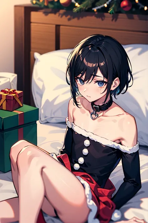 1boys, Man,Male pervert, Short hair, Black hair,Collar,Facial, leg loops,Soft bed,Bedroom,christmas，Christmas gifts