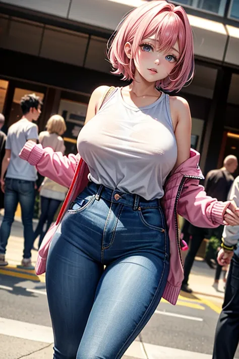 (Best Quality, 4K, 8K, hight resolution, masutepiece:1.2), Pink hair、bobhair、her breasts are beautiful and big。In the middle of a scramble crossing。crowded with passersby。Stand still and pull down pants、Showing sheer panties。shame。twinsies。Shopping while h...