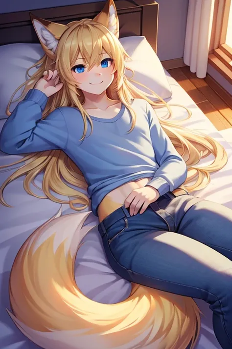 focus on body and face, beautiful lights and shadows, long blonde hair, blue eyes, fox boy with fluffy blonde fox ear, covered in fur, feminine male, laying on back, jeans and a shirt, smiling, confident, fluffy tail, background of a room, body whole must ...