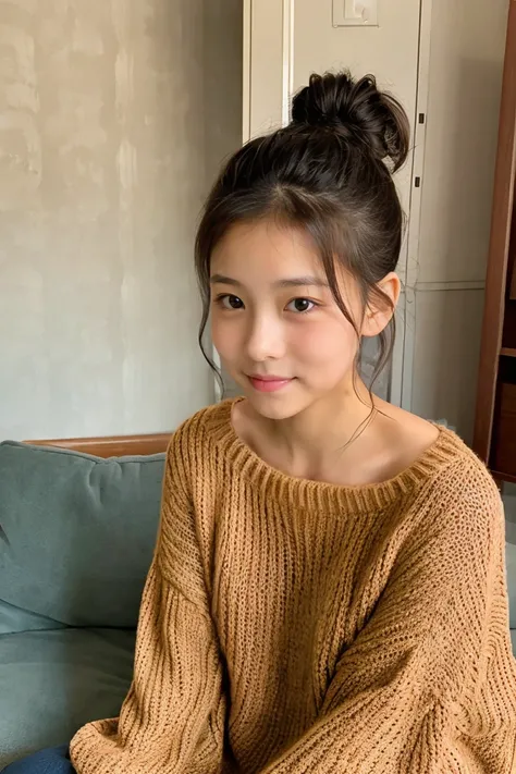 beautiful girl wearing a sweater、14years、Bun hair、inside in room、