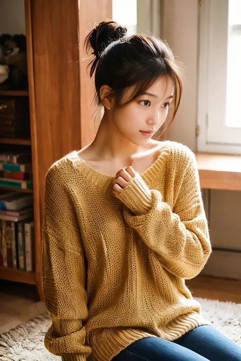 beautiful girl wearing a sweater、14years、Bun hair、inside in room、