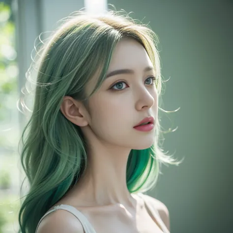 A portrait of a beautiful woman, solo, green eyes, wearing white light green ethereal dress, ethereal beauty, pale skin, smooth pale skin, nice face, light green hair, detailed hair, profile picture, super detailed, 8k