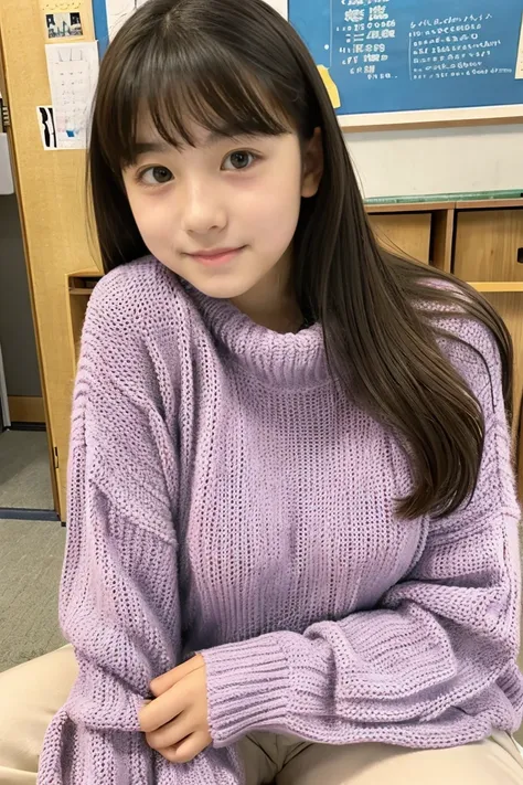 Beautiful girl wearing a cute sweater、15yo student、Calm face、inside in room、