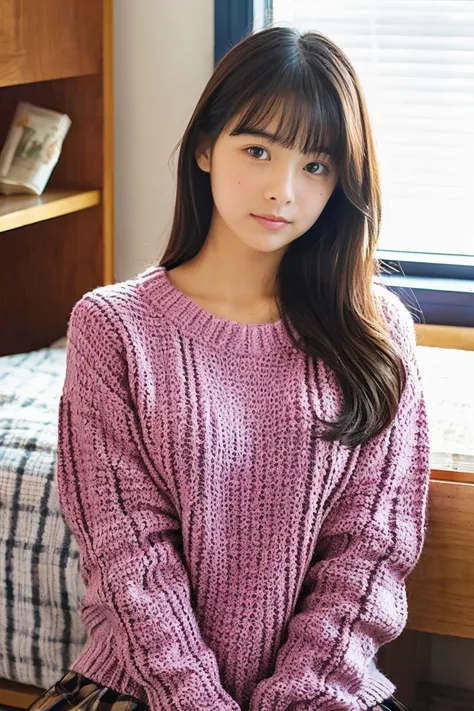 Beautiful girl wearing a cute patterned sweater、15yo student、Calm face、inside in room、