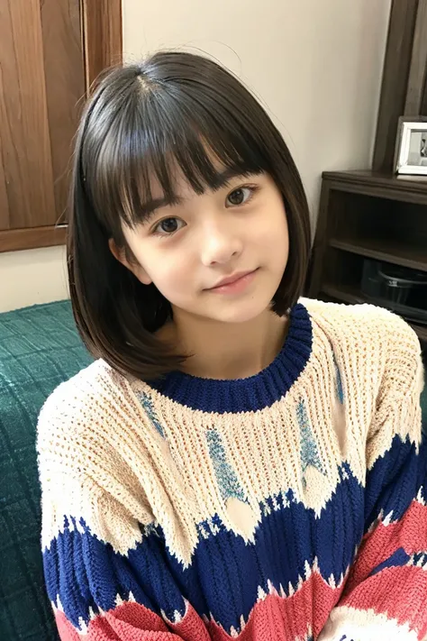 Beautiful girl wearing a cute patterned sweater、15yo student、Calm face、inside in room、