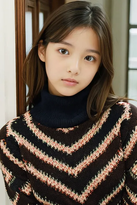 Beautiful girl wearing a patterned turtleneck sweater、14years、Calm face、inside in room、