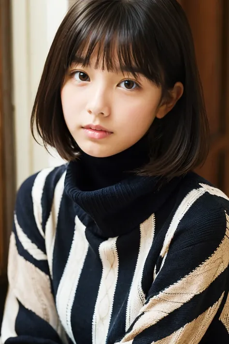 Beautiful girl wearing a patterned turtleneck sweater、14years、Calm face、inside in room、Black hair straight long、