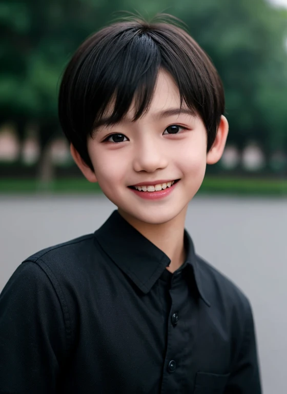 10 years old boy, short detailed hair，黑The eye，boy bust ，looking at the photographer，happy grin ，outdoor background，shallowdepthoffield