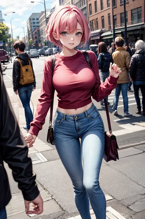 (Best Quality, 4K, 8K, hight resolution, masutepiece:1.2), Pink hair、bobhair、her breasts are beautiful and big。In the middle of a scramble crossing。crowded with passersby。Stand still and pull down pants、Showing sheer panties。shame。twinsies。Shopping while h...