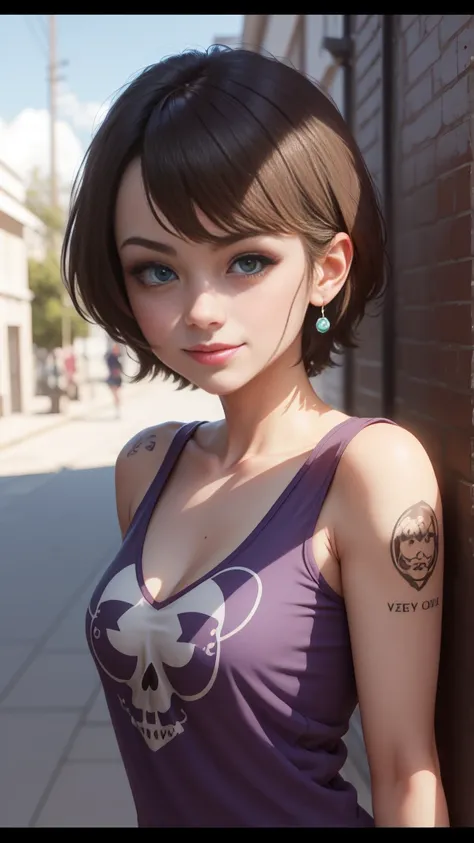 Trazador,Powergirl,Matoi Ryuuko,yshtola rhul,cerrar,Taller Ryza,Overwatch,Piloto Mecha,vista al mar,Tatuajes, Purple T-shirt with skull image, falda color lila a cuadros ,pelo corto, aretes en forma de clip ,Maquillaje lindo , sombra de ojos color morado ,...