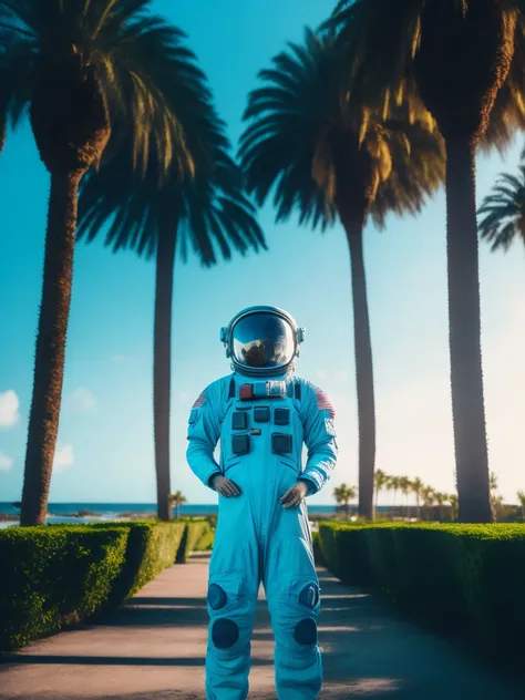 a man in a space suit standing in front of palm trees, hyper detail, cinematic scene, blue color pallete, 8k