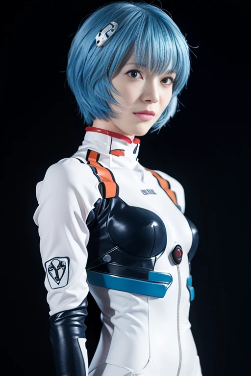 (Best Quality, hight resolution, masutepiece:1.2), 1girl in, Ayanamirei, bob cuts, plugsuit, Upper body view、Interface headset, Background, Light blue hair color, deadpan, full-face blush, embarrassed, Looking at Viewer