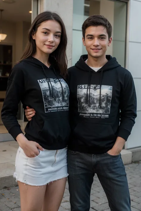 ((best quality)), ((masterpiece)), (detailed), perfect face girl use black hoddie with boy, standing, couple, smile