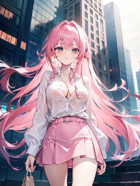 long pink hair girl, white shirt, one loose button showing off cleavage, city, miniskirt