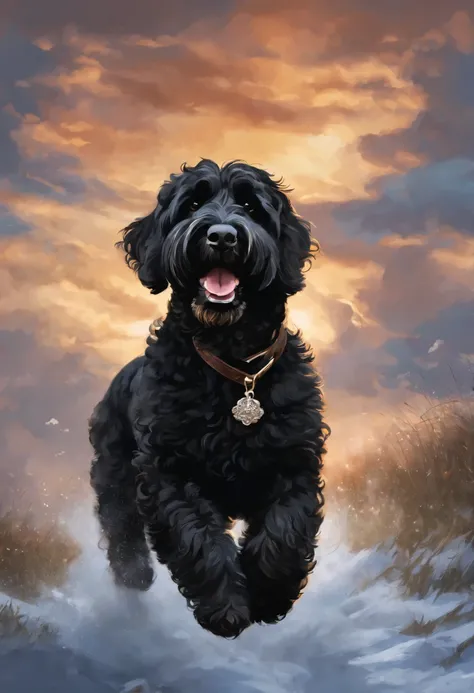 Close-up of Black Russian Terrier,  Color (Black) runs a race with the clouds,   Русский черный терьер runs a race with the clouds, fluffy clouds, casimir art, illustration of shigenori soejima, boris valejo. Smiling Russian Spaniel, Detailed drawing of an...