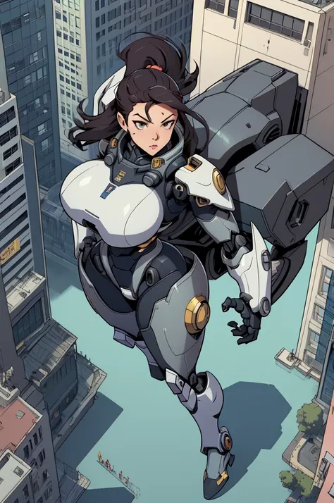 busty girl, mecha, city, full body, floating, pov, from above, power armor, dynamic pose,