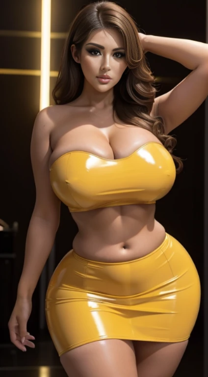 sexy lucy pinder , latex strapless no sleeve crop top, (yellow latex mini skirt), posing for a picture, curvy model, soft curvy shape, , beautiful body and face, voluptuous body, giant stunning goddess shot, beautiful curves, beautiful curvy female, beauti...