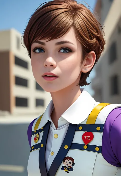 highres, shadows, absurdres, best_quality, ultra_detailed, 8K, extremely_clear, Cinematographer, hermoso, foco nítido, HDR,
A cute pop singer with short light brown hair , pixie cut and symmetrical blue eyes with freckles on cheeks and nose, sostiene una g...