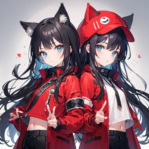 A cool little girl,Long black hair and blue eyes，Red and black mixed jacket，cat ear hat