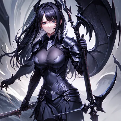 top-quality、(Very detailed 8k wallpaper),femele、A dark-haired、death knight medium shot, Wearing jet-black armor, Holding a scythe, Absolutely amazing art, Convoluted, high detailing, Dramatic