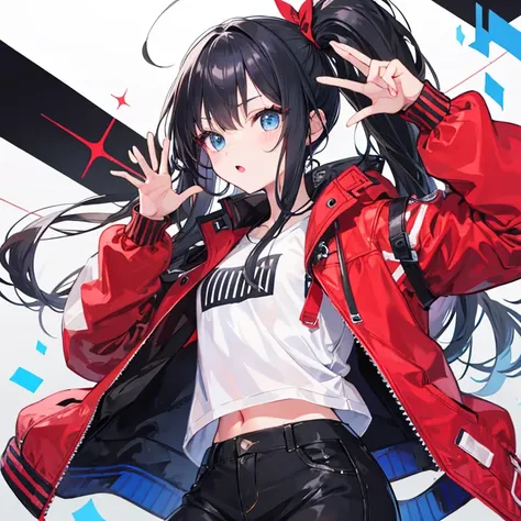 A cool little girl,Long black hair and blue eyes，Red and black mixed jacket，Rapper