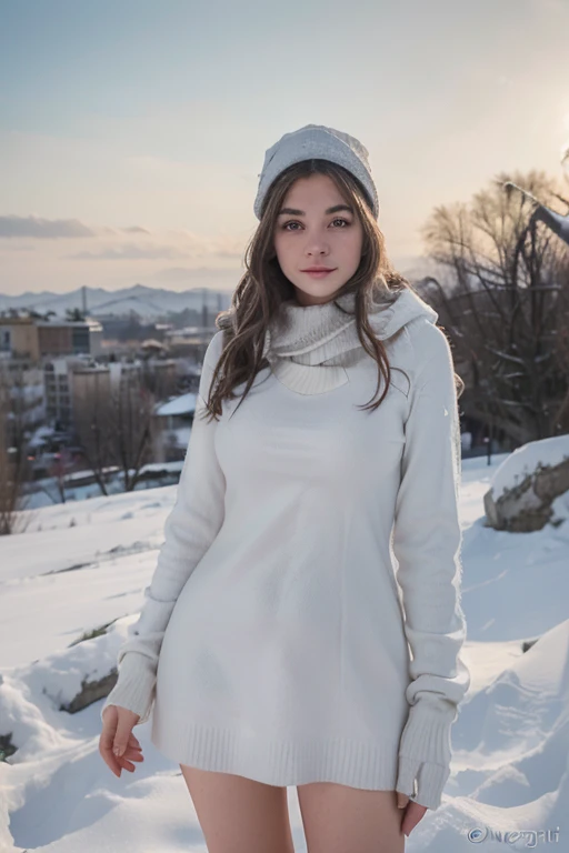 Ragazza di 20 anni ungherese, occhi verdi, capelli lisci, naso alla francese, set fotografico sulla neve, luce diffusa, sfondo sfocato, full body, winter dress