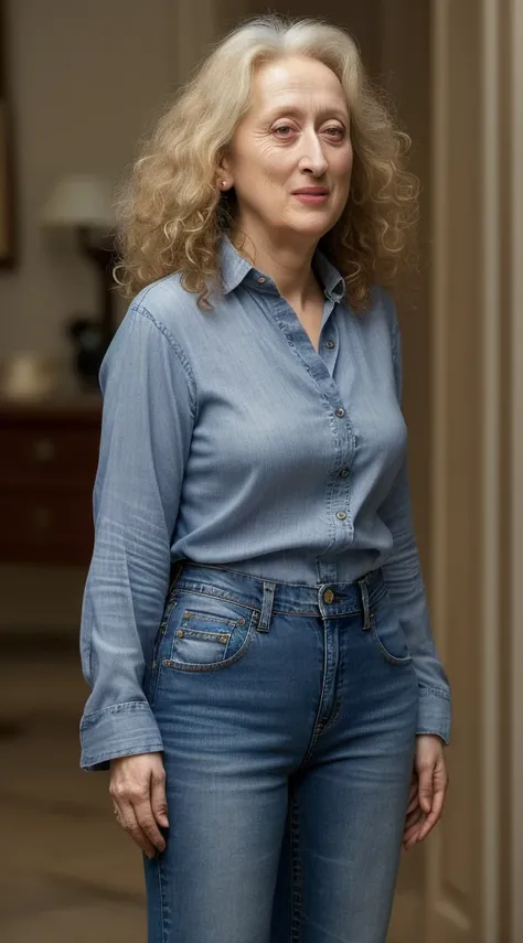 there is a woman with curly hair and a loose-fitting shirt and jeans, this person does not exist, ugly woman, unattractive, nora ephron-meryl streep-carol kane-andrea martin-theresa may merged, entire body visible, full body, hyperrealistic, best quality, ...