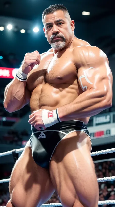 the only person，male people，Muscle wrestler，Muscle hair reaches，Stout wrestler，jpn，uncles，45岁Middle age男子，short detailed hair，short detailed hair细节，Wrestling boots，Sneakers body image，Panorama characters，WWE ring，WWE American professional wrestling，spotlig...