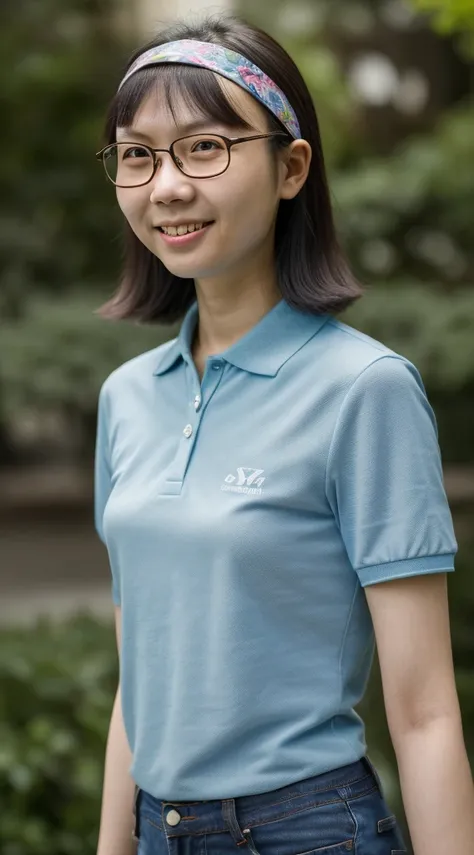 arafed woman with glasses smiling and wearing a headband, wearing a short sleeve blue polo shirt and jeans, nerdy, katherine lam-gemma chen-christy ren-zhelong xu-mei ling zhou-louise zhang-wenfei ye-pengzhen zhang-li zhang-meg kimura-jen zee-leslie zhang-...