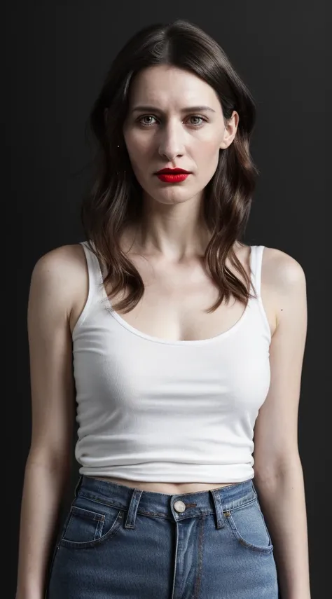 a woman with a red lipstick and a black background, wearing jeans and a loose-fitting white cotten tank top, cait miers, beautiful, attractive, maia sandu-carice van houten-cait miers-galen dara-mischa barton-christna hendricks merged, entire body visible,...