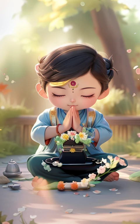 cartoon boy kneeling down with a small cake in his hands, praying meditating, hindu aesthetic, adorable digital painting, 😃😀😄☺🙃😉😗, 🍁 cute, serene expression, fanart, indian god, cute digital art, mobile wallpaper, traditional art, screensaver, accurate dep...